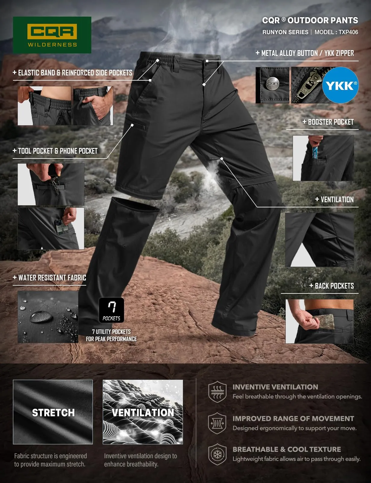 CQR Men's Convertible Cargo Tactical Pants, Water Resistant Outdoor Hiking Pants, Zip Off Lightweight Stretch Work Pants, Runyon Black, 32W x 30L