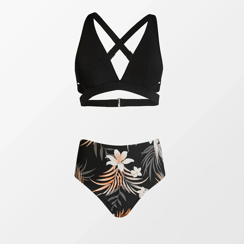 Cutout Cross Back Floral Print High Waist Bikini Set