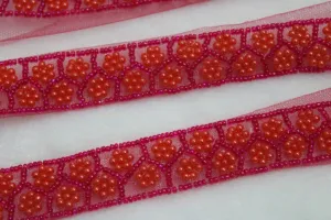 Dark Pink Pearl Work Embroidered Border