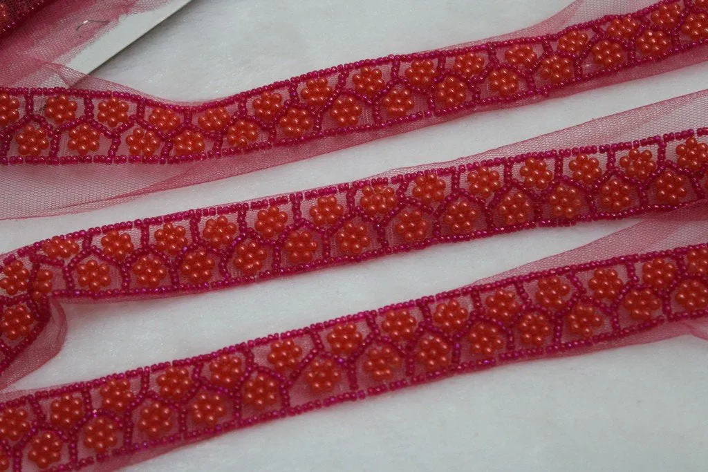 Dark Pink Pearl Work Embroidered Border