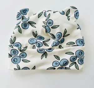 Eddie & Bee organic cotton Baby hat with ears  in Cream " Blueberry" print.