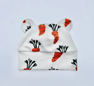 Eddie & Bee organic cotton Baby hat with ears  in Oat "Carrot" print.