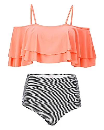Elegant High Waisted Bikini Set Swimsuit Tummy Control-Coral Pink Stripe