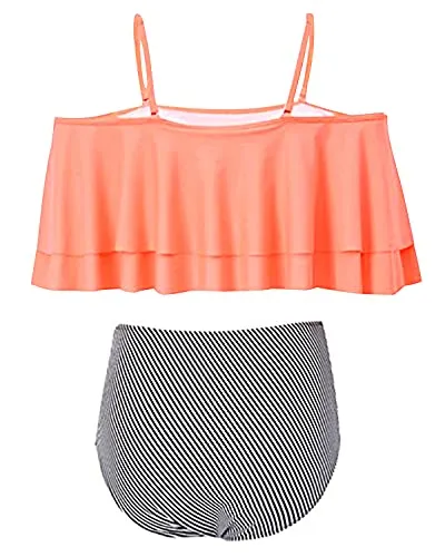 Elegant High Waisted Bikini Set Swimsuit Tummy Control-Coral Pink Stripe