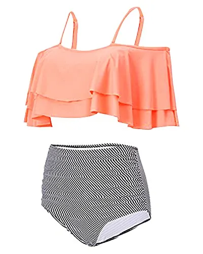 Elegant High Waisted Bikini Set Swimsuit Tummy Control-Coral Pink Stripe