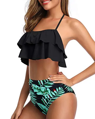 Elegant High Waisted Halter Bikini Set Tiered Ruffles For Women-Black And Green Leaf