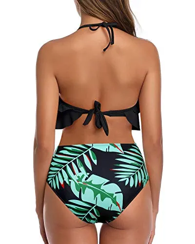 Elegant High Waisted Halter Bikini Set Tiered Ruffles For Women-Black And Green Leaf