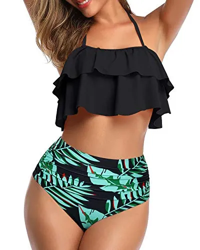 Elegant High Waisted Halter Bikini Set Tiered Ruffles For Women-Black And Green Leaf