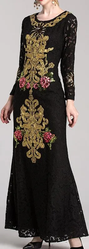 Embroidered Black Lace Gown