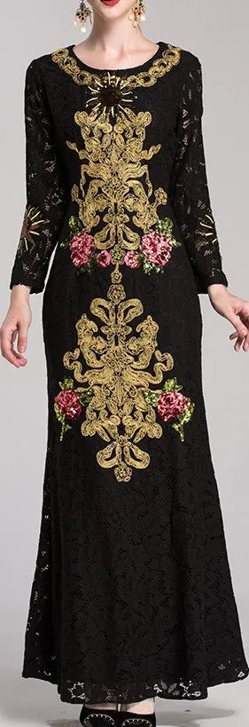 Embroidered Black Lace Gown