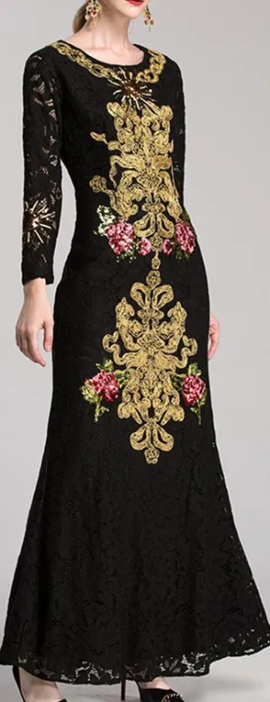 Embroidered Black Lace Gown