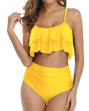 Flirty And Fun Ruffle Bikini Set High Waisted Bottoms-Neon Yellow