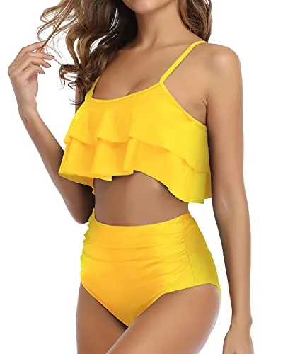 Flirty And Fun Ruffle Bikini Set High Waisted Bottoms-Neon Yellow
