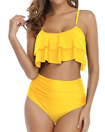 Flirty And Fun Ruffle Bikini Set High Waisted Bottoms-Neon Yellow
