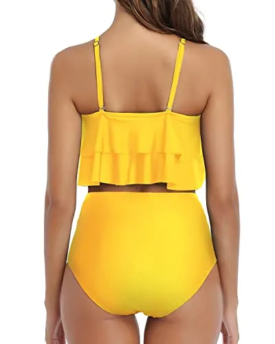 Flirty And Fun Ruffle Bikini Set High Waisted Bottoms-Neon Yellow