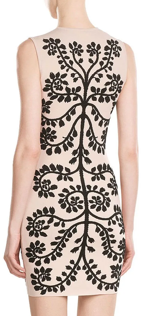 Floral Embroidered Intarsia Dress-Apricot