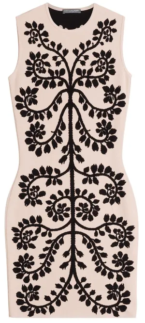 Floral Embroidered Intarsia Dress-Apricot