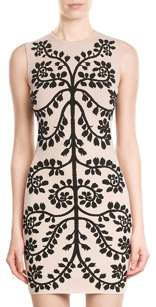 Floral Embroidered Intarsia Dress-Apricot
