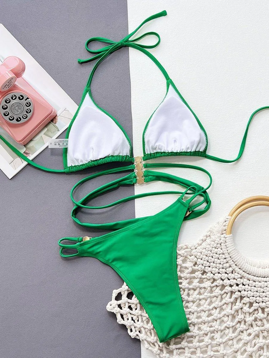 GFIT® Green Hollow Triangle Halter Pearl Buckle Bikinis Set