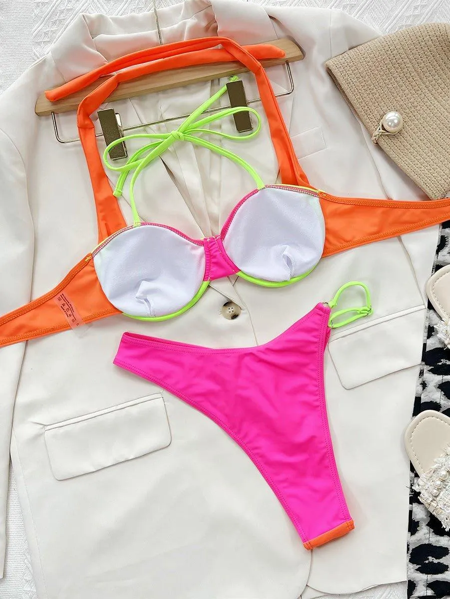 GFIT® Push Up Block Color Patchwork Halter Hollow Swimsuit