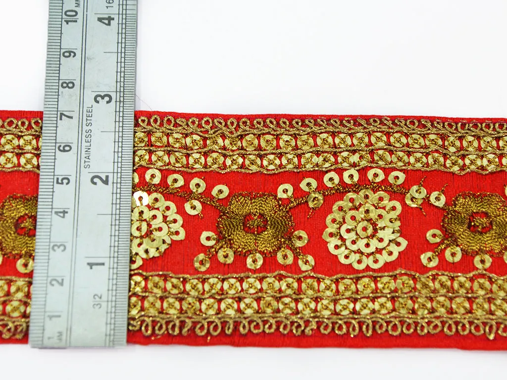 Golden & Red Sequins Embroidered Border