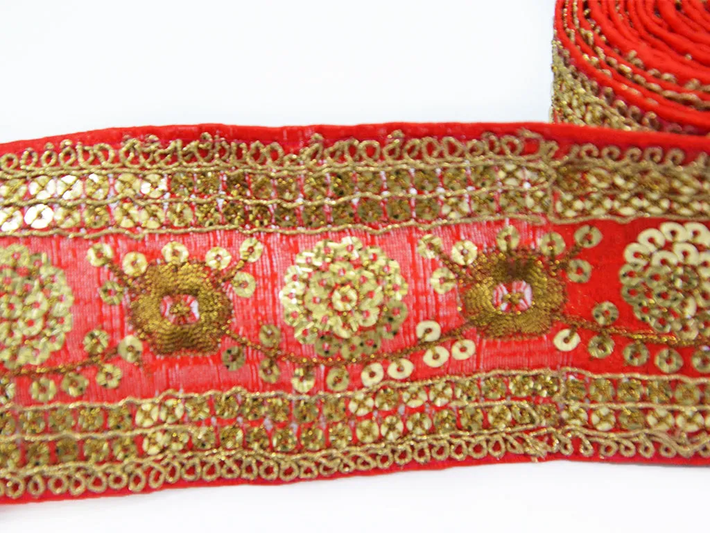 Golden & Red Sequins Embroidered Border