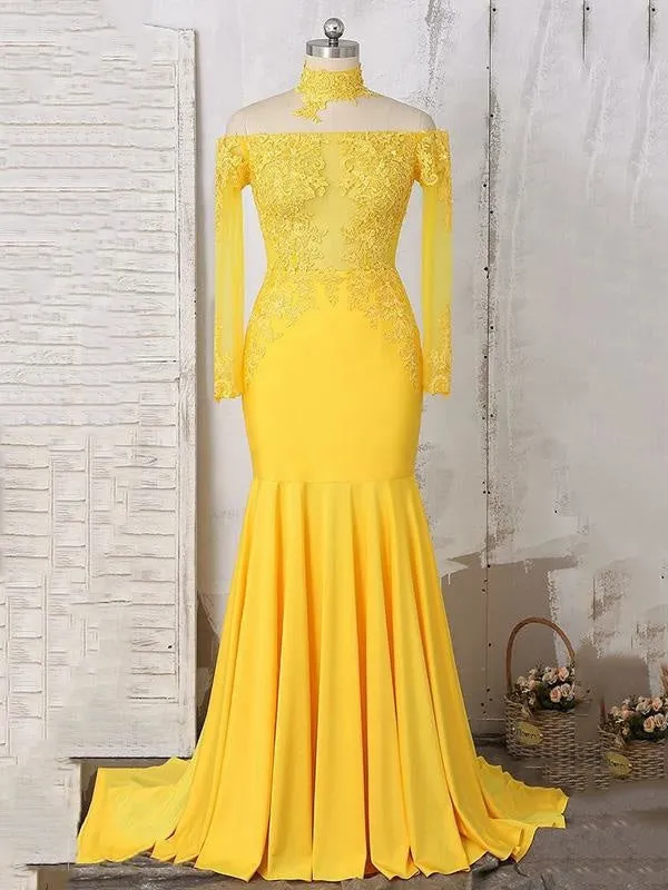 Gorgeous Yellow Long Sleeves Off-shoulder Floor Length Appliqued Prom Dresses