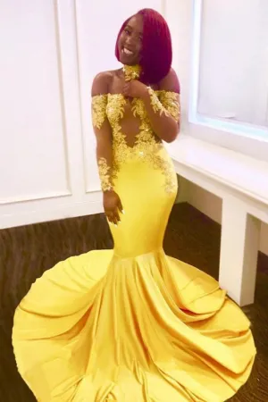 Gorgeous Yellow Long Sleeves Off-shoulder Floor Length Appliqued Prom Dresses