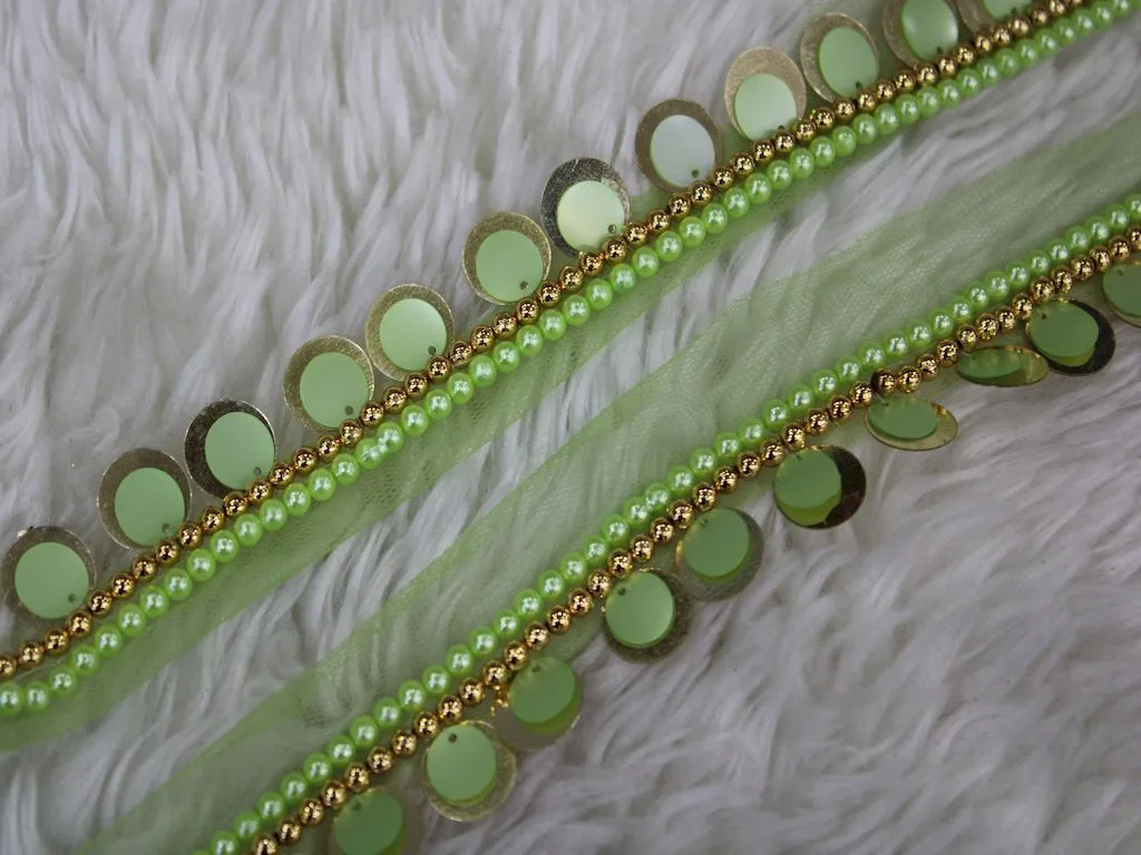 Green Sequins and Pearl Work Embroidered Border