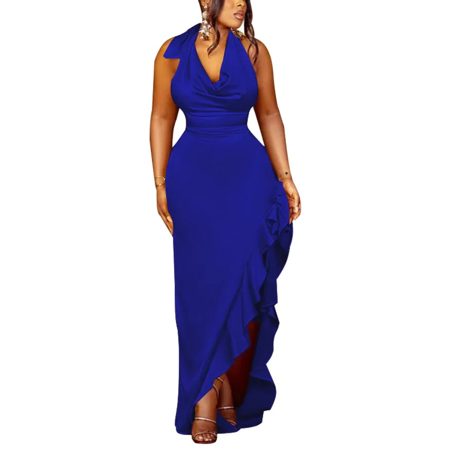 Halter Neck Sexy Backless Ruffle Dress Wholesale Womens Clothing N3823103000110