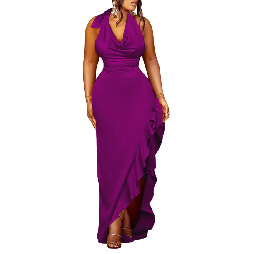 Halter Neck Sexy Backless Ruffle Dress Wholesale Womens Clothing N3823103000110