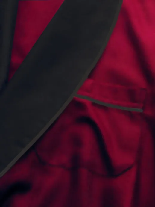 Heavyweight Burgundy Silky Satin Robe with Contrasting Black Shawl Collar