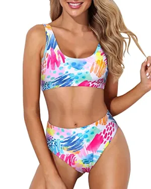 High Cut Bikini Support Sports Two Piece Bikini For Women-Colorblock