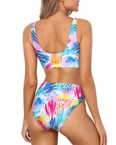 High Cut Bikini Support Sports Two Piece Bikini For Women-Colorblock