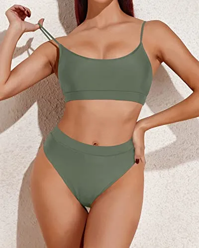High Cut Cheeky Two Piece High Waisted Bikini-Army Green