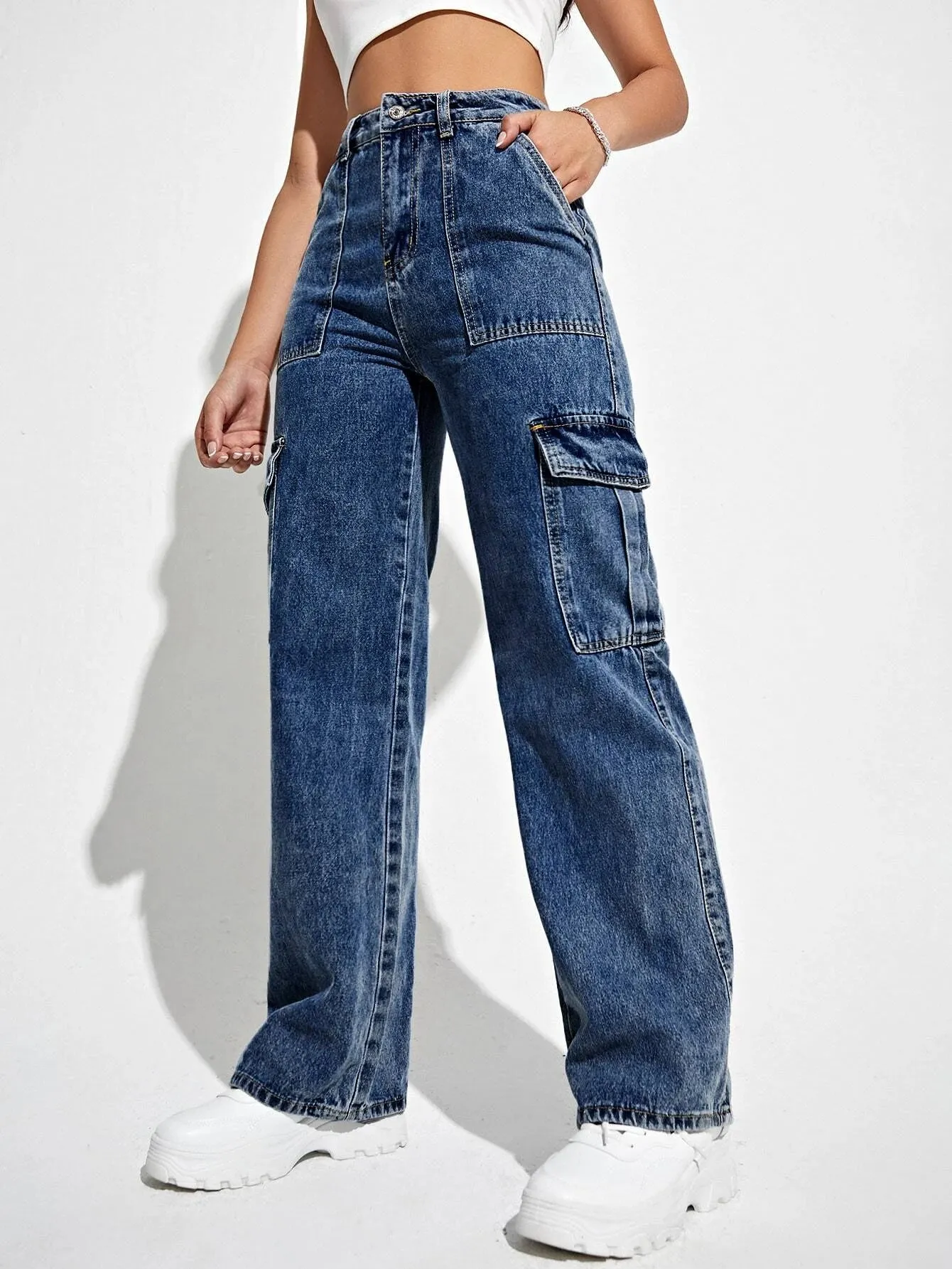 High Waisted Straight Leg Cargo Jeans