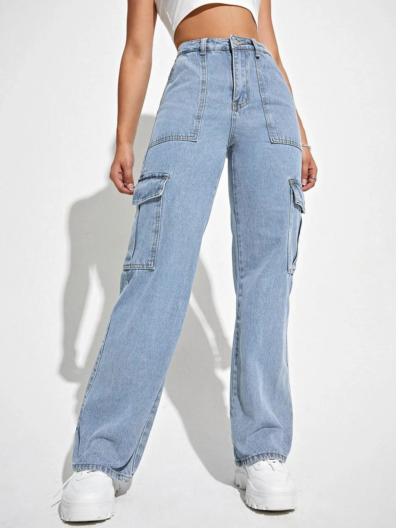 High Waisted Straight Leg Cargo Jeans