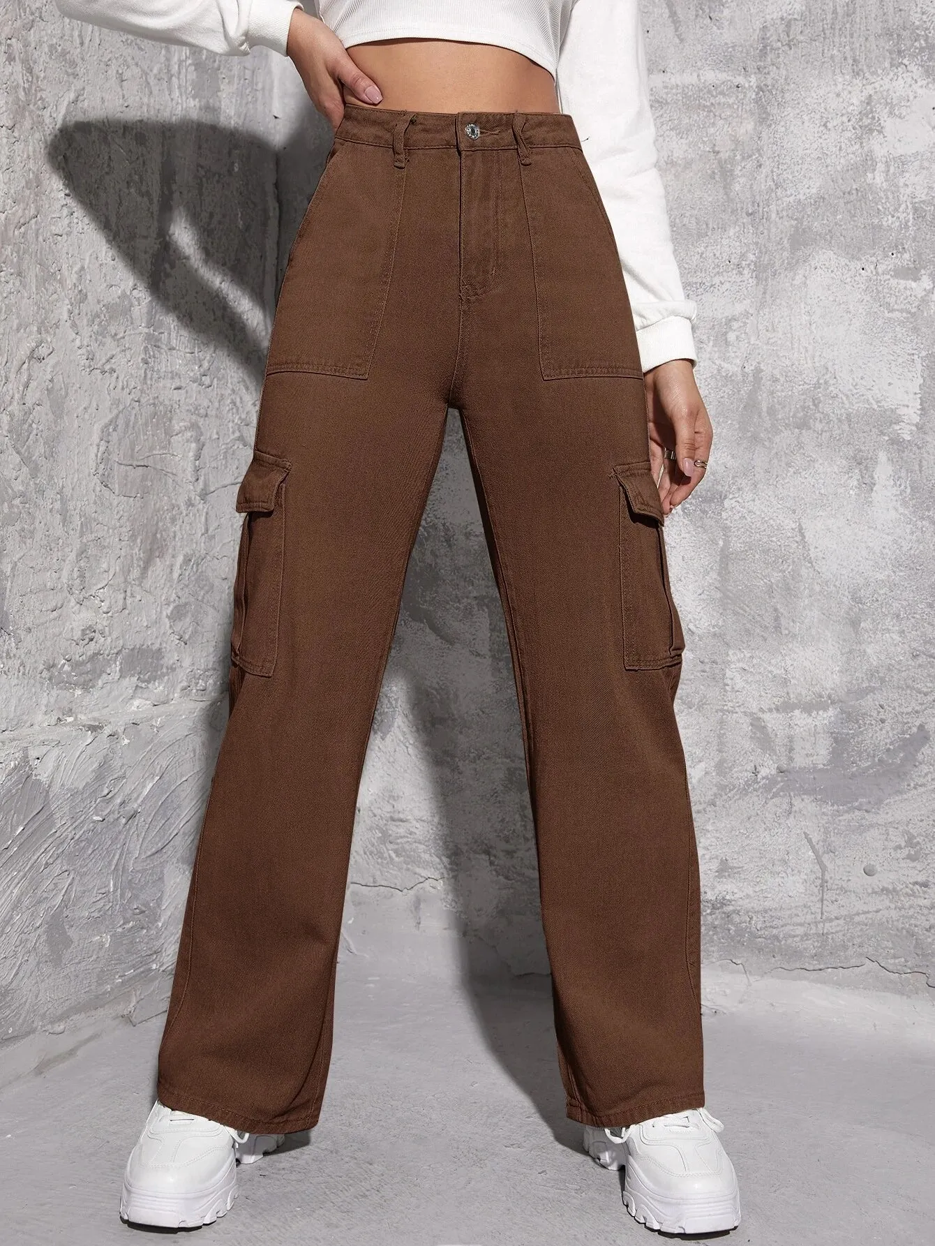 High Waisted Straight Leg Cargo Jeans