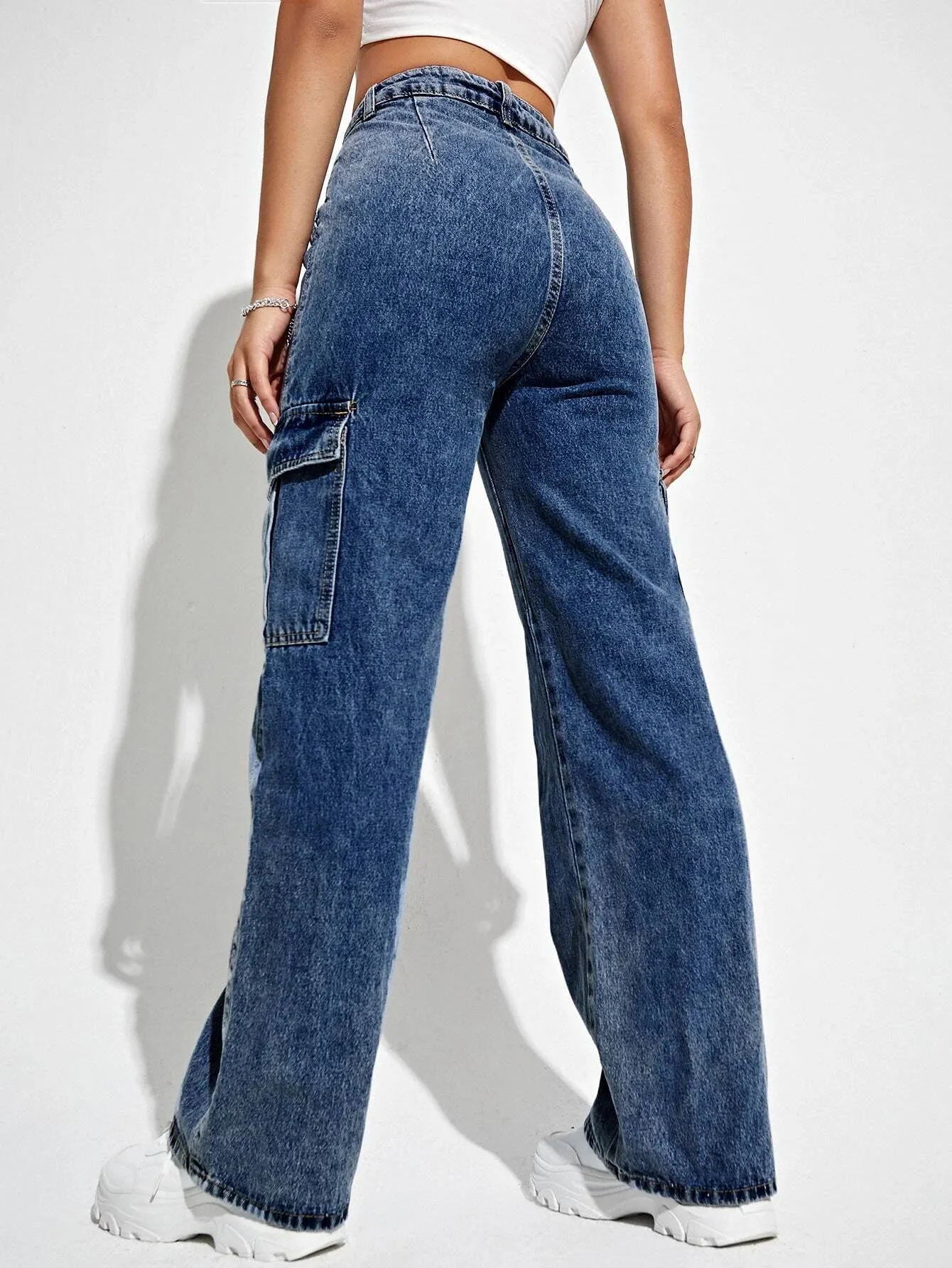 High Waisted Straight Leg Cargo Jeans