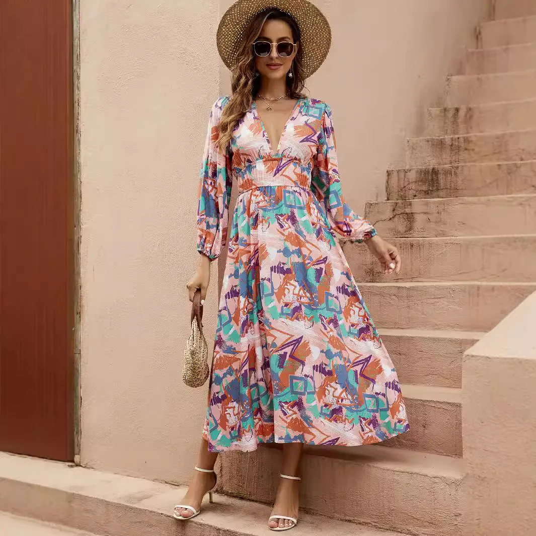 Irregular Geometric Print Deep V Waist Lantern Long Sleeve Swing Dresses Wholesale Womens Clothing N3824091000088