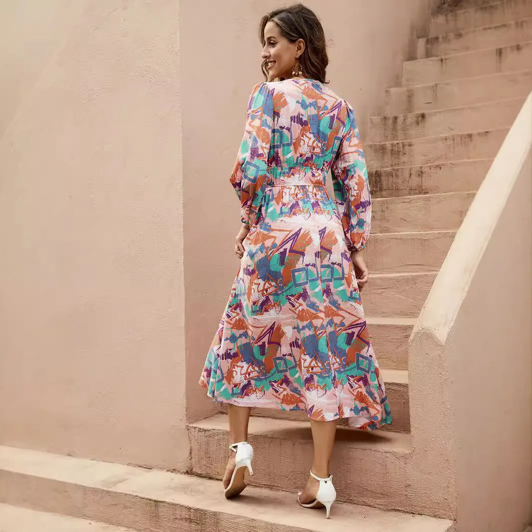 Irregular Geometric Print Deep V Waist Lantern Long Sleeve Swing Dresses Wholesale Womens Clothing N3824091000088