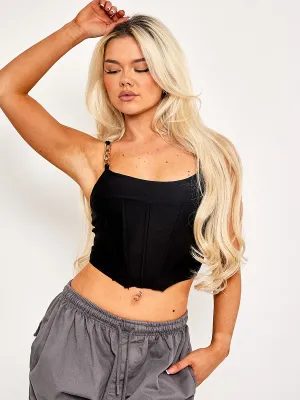 Jackie Chain Strap Corset Style Satin Crop Top In Black