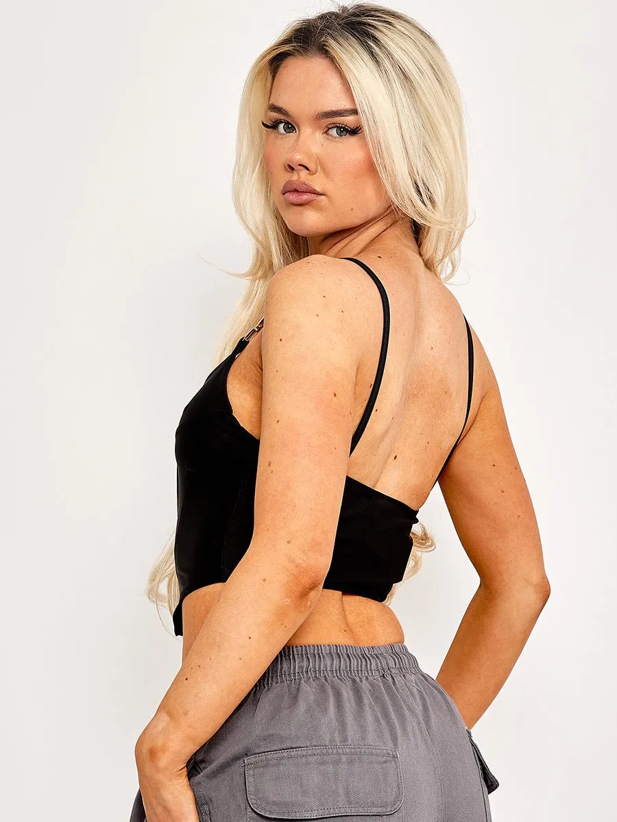 Jackie Chain Strap Corset Style Satin Crop Top In Black