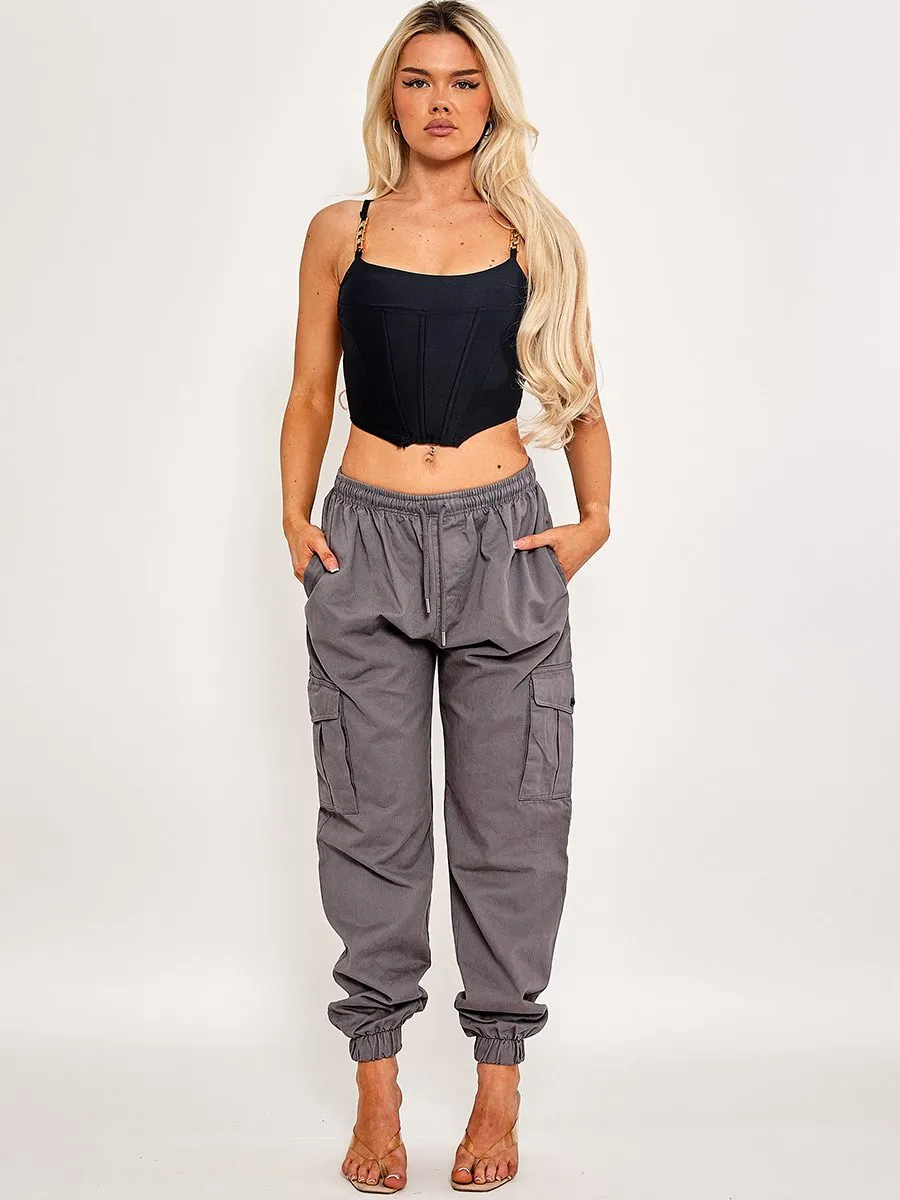 Jackie Chain Strap Corset Style Satin Crop Top In Black