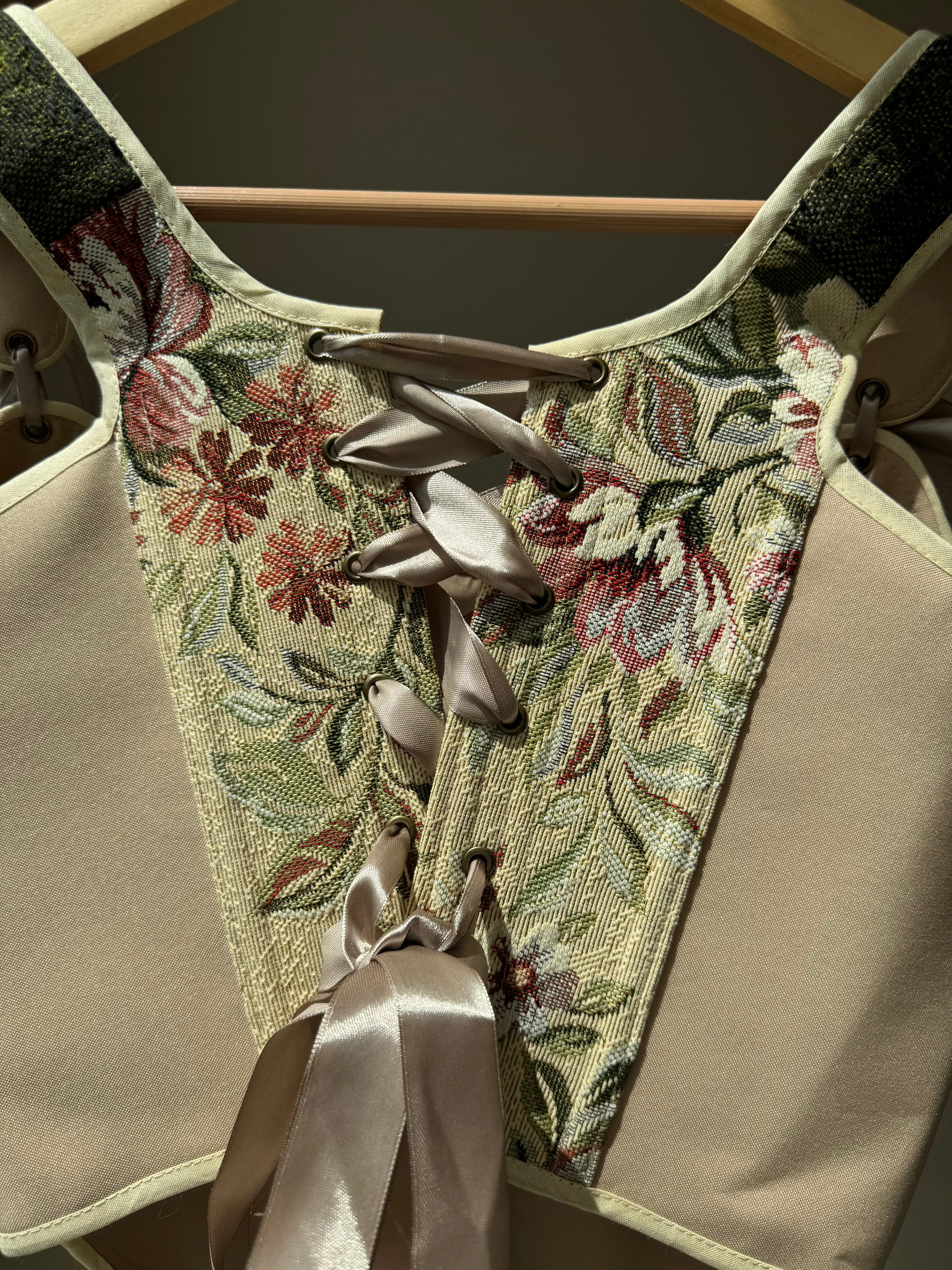 Lace-up Vintage Tapestry Corset Top, "Cottage House in Mountains” Pattern