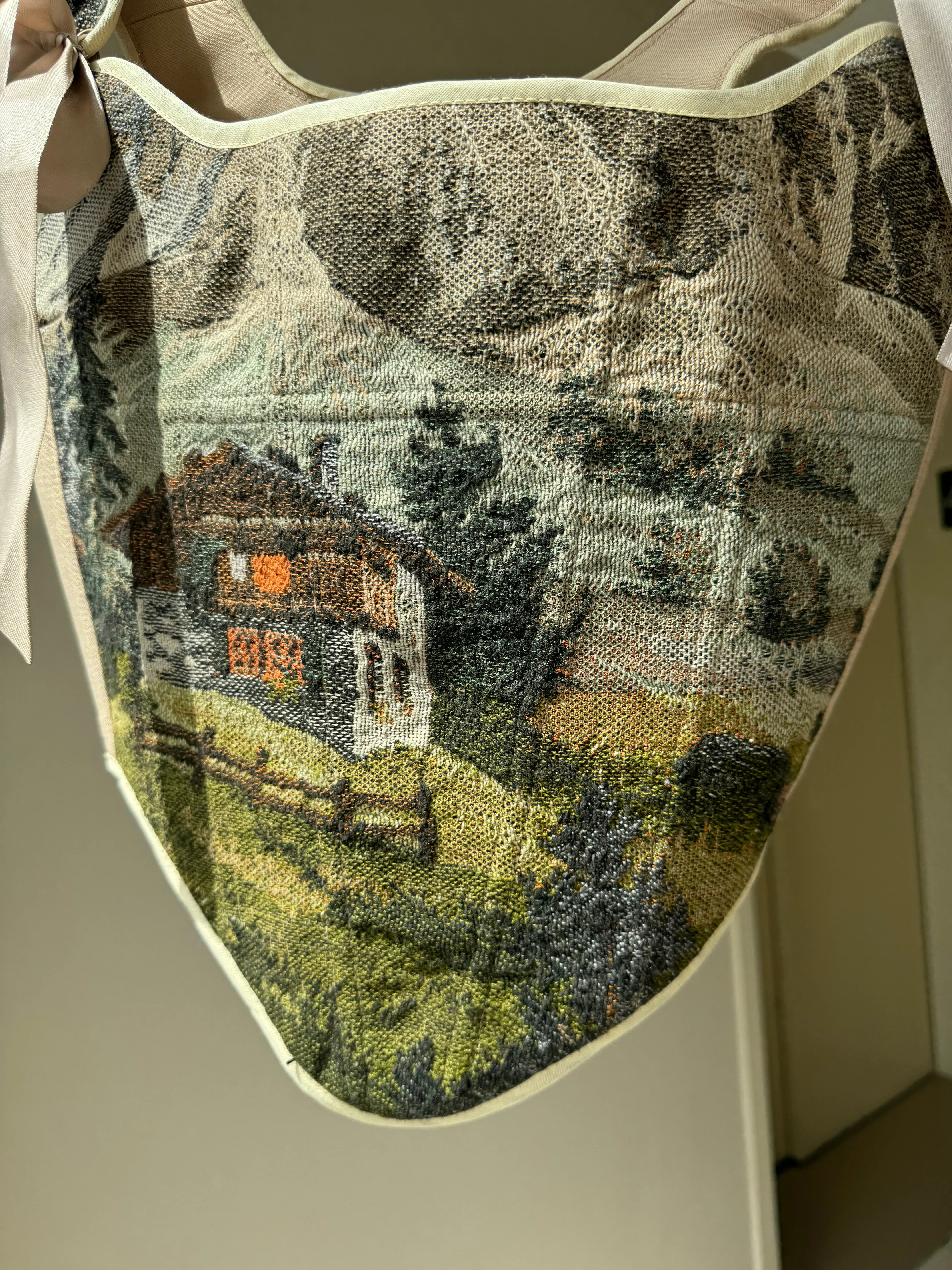Lace-up Vintage Tapestry Corset Top, "Cottage House in Mountains” Pattern