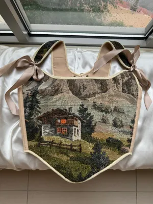 Lace-up Vintage Tapestry Corset Top, "Cottage House in Mountains” Pattern