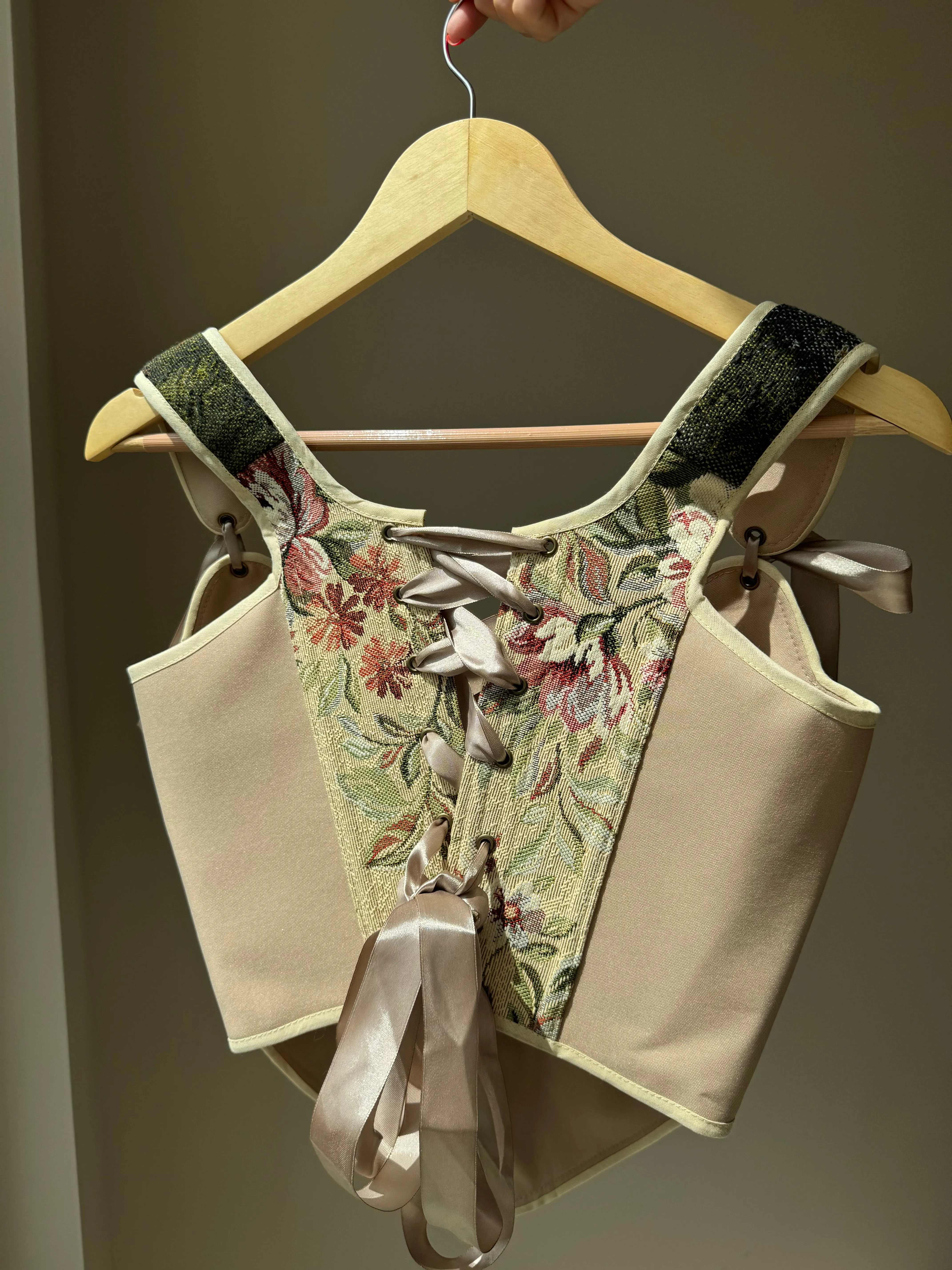 Lace-up Vintage Tapestry Corset Top, "Cottage House in Mountains” Pattern