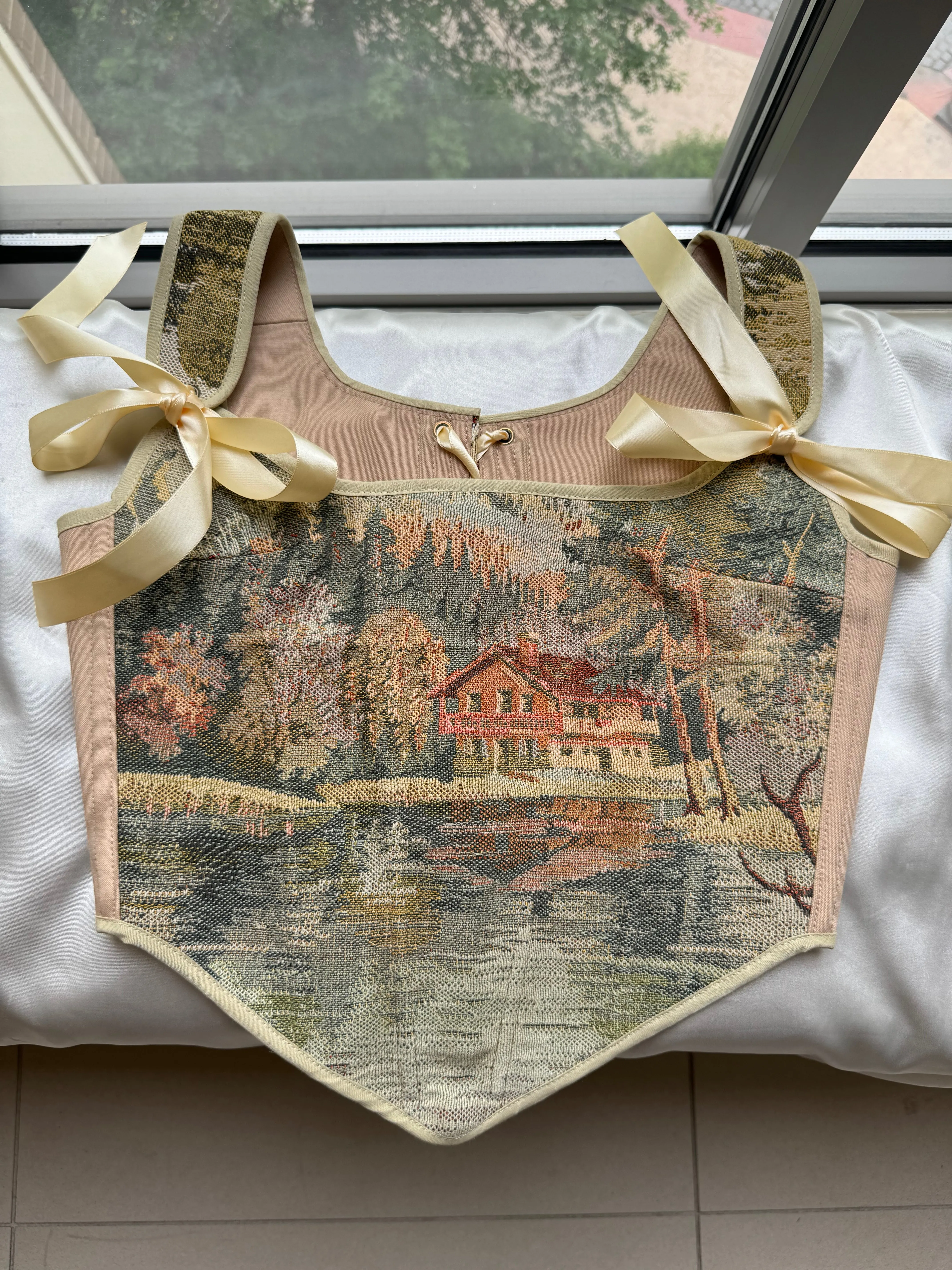 Lace-up Vintage Tapestry Corset Top, "Cottage House Reflection” Pattern