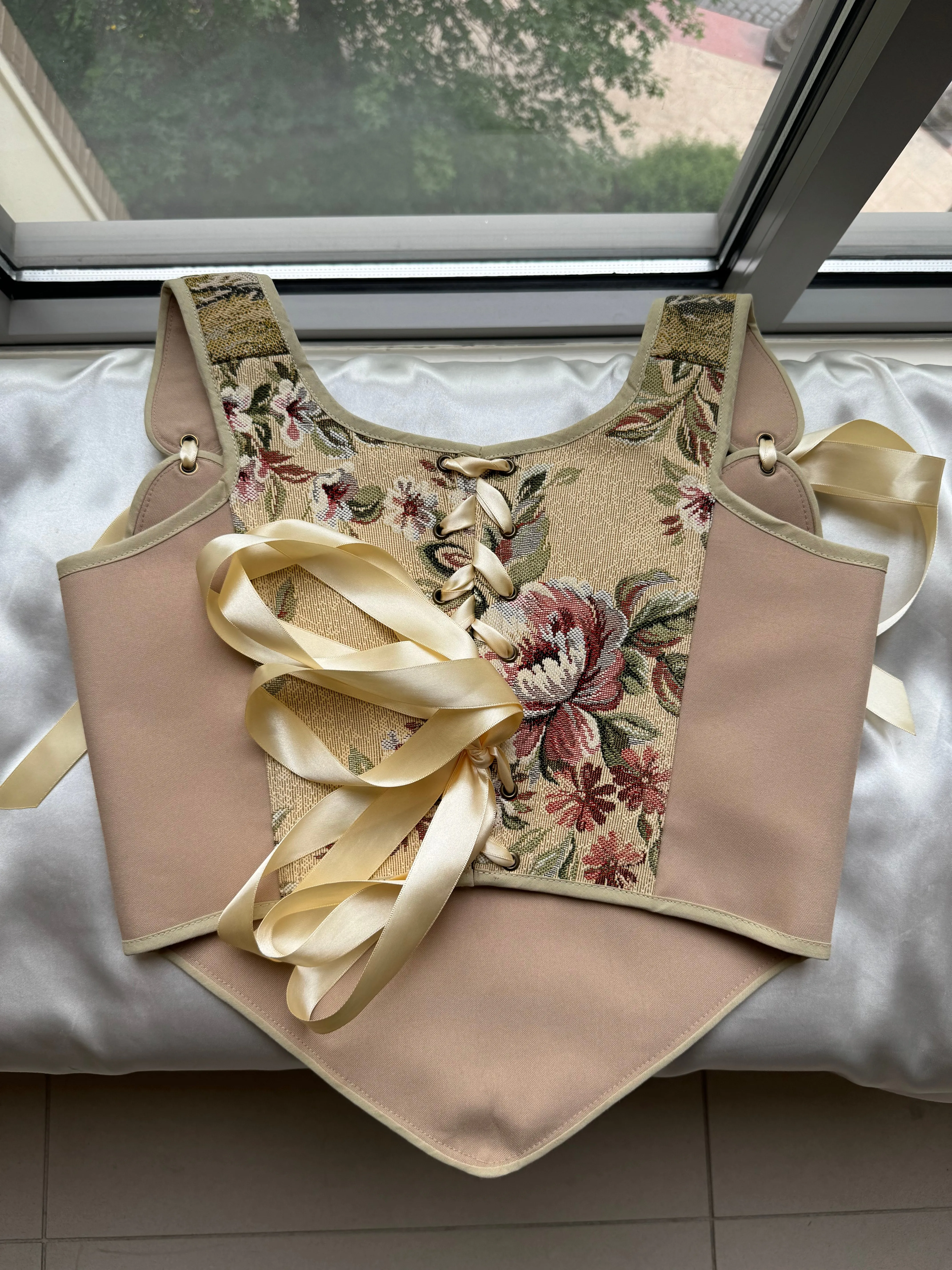 Lace-up Vintage Tapestry Corset Top, "Cottage House Reflection” Pattern